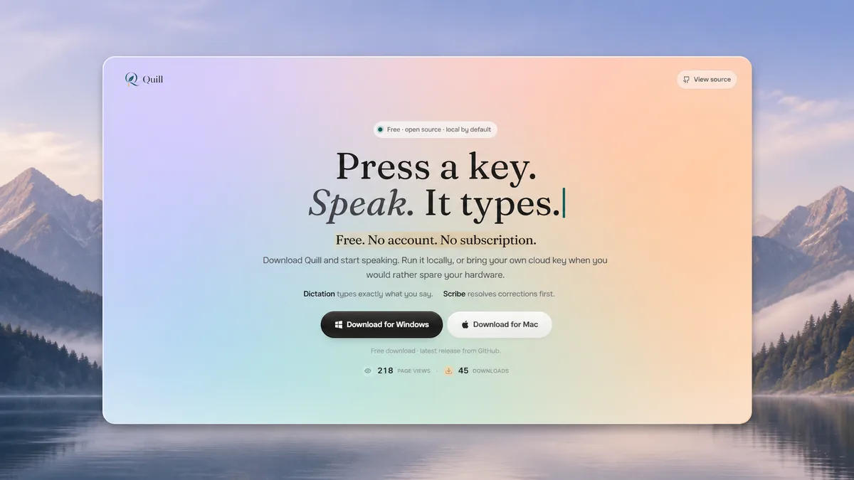 Quill voice-dictation landing page preview